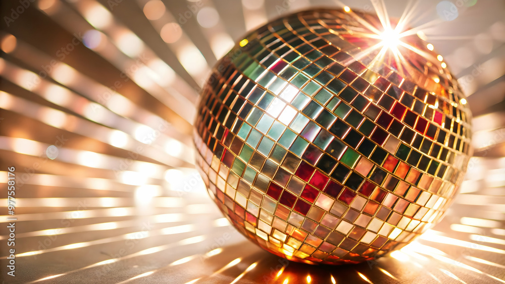 Obraz premium Close-Up of Holographic Disco Ball Emitting Glowing Light Beams on White Background - Mesmerizing Reflections and Effects for Photo Stock Concept