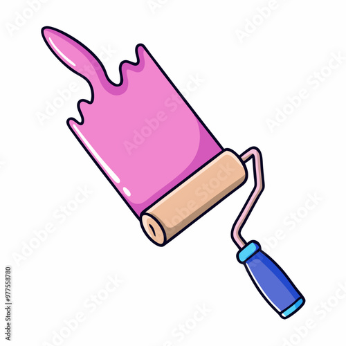 Pink paint and a paint roller with a blue handle cartoon illustration (13)