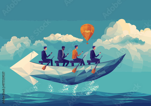 Team of Business People Rowing on Arrow-shaped Boat, Conceptual Startup Journey, Vector Illustration Depicting Collaboration, Innovation, and Forward Progress in Morning Sky with Hot Air Balloon