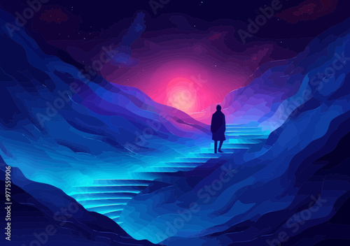 Business Opportunity Concept with Person Standing on Illuminated Stairs in Futuristic Landscape at Night, Highlighting Career Advancement