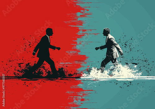 Minimalistic Vector Illustration of Two Businessmen in Competition Running Towards Each Other in Dynamic and Abstract Red and Blue Background