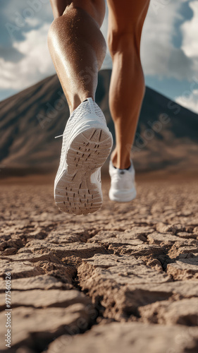 Close-up view of runner's legs and shoes on a dirt track, dust flying. Dynamic action shot with clear sky background. Fitness and sports concept for design and print, poster, banner
