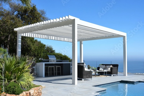 Modern pergola structure surrounding a swimming pool and garden of a contemporary house