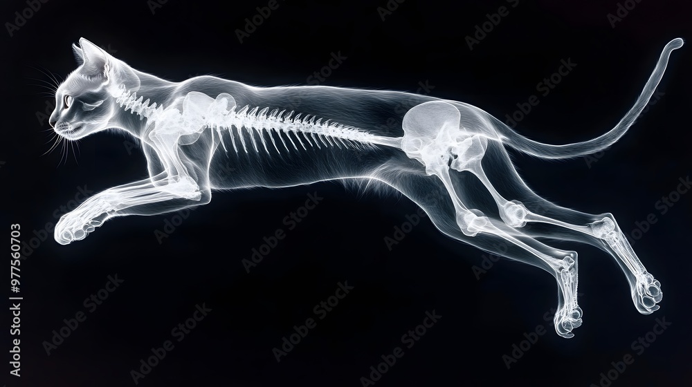 X-ray of a Cat in Mid-Leap: A detailed X-ray image of a cat mid-leap, showing the skeletal structure in motion against a dark background.
X-ray of a Cat in Mid-Leap: A detailed X-ray image of a cat mid-leap, showing the skeletal structure in motion against a dark background.