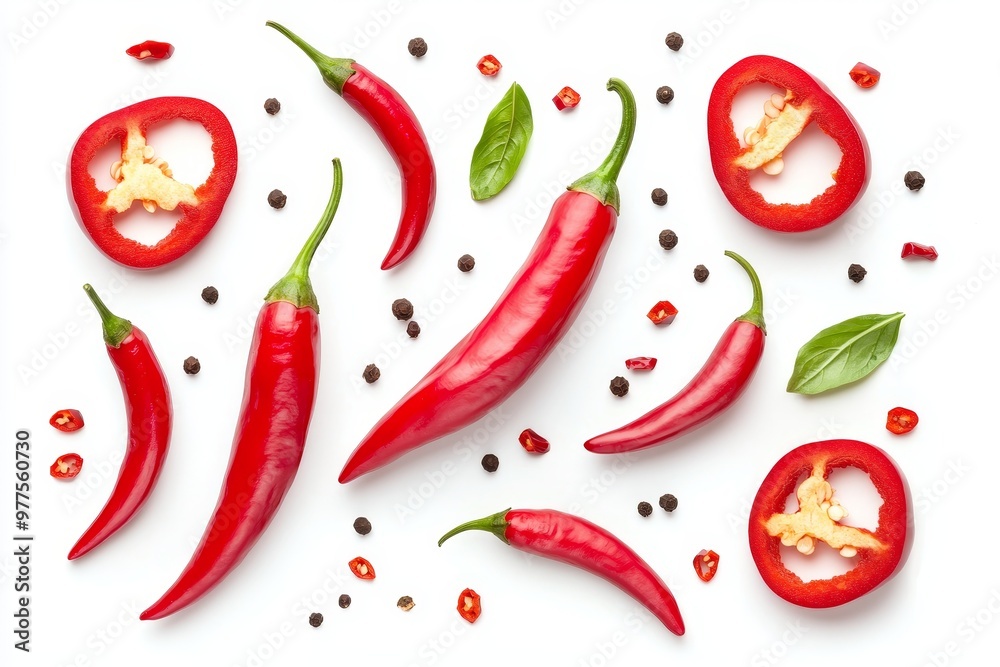 The slices of Red Hot Chili falling in the air are isolated against the background, with spices and herbs used in cooking.