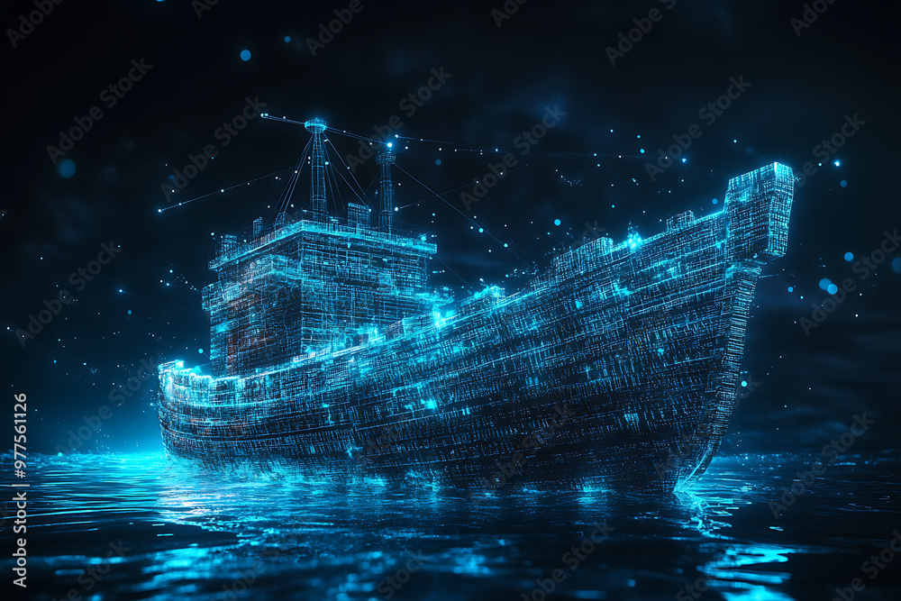 Abstract digital background of Noah's Ark from the biblical story, interwoven with data connections in blue and black tones. Abstract digital background of Noah's Ark from the biblical story, interwoven with data connections in blue and black tones.