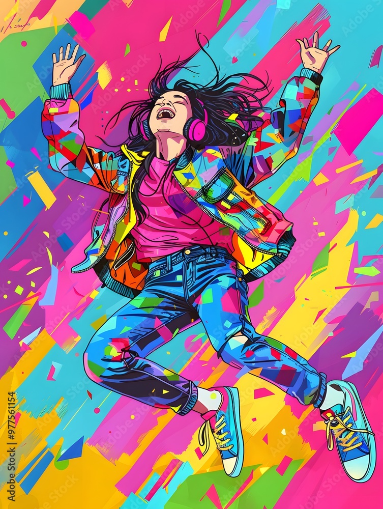Illustration of a person dancing energetically with headphones on, set against a colorful abstract background. The dynamic pose and flowing hair convey movement and joy. Illustration of a person dancing energetically with headphones on, set against a colorful abstract background. The dynamic pose and flowing hair convey movement and joy.