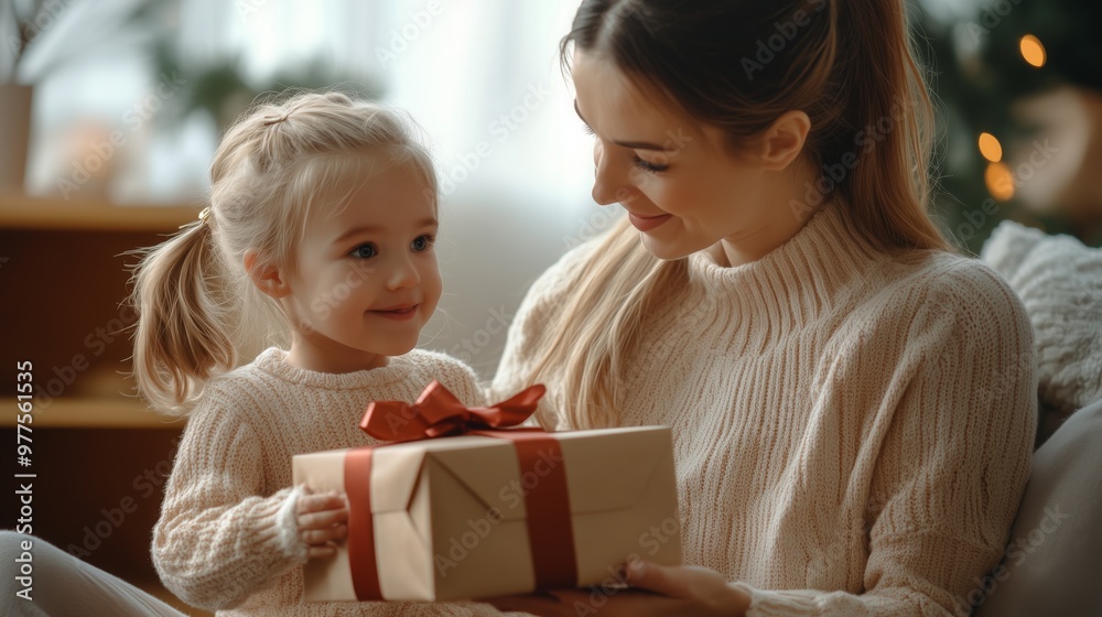 A mother smiles as her young daughter presents her with a beautifully wrapped gift box A mother smiles as her young daughter presents her with a beautifully wrapped gift box