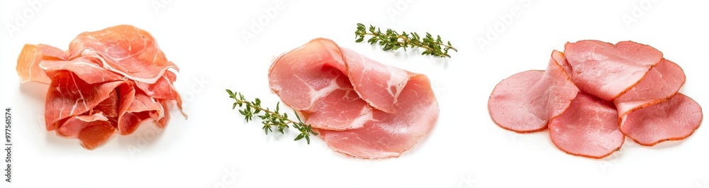 Served on a white background, fresh boiled ham slices provide a delicious breakfast or appetizer. Served on a white background, fresh boiled ham slices provide a delicious breakfast or appetizer.
