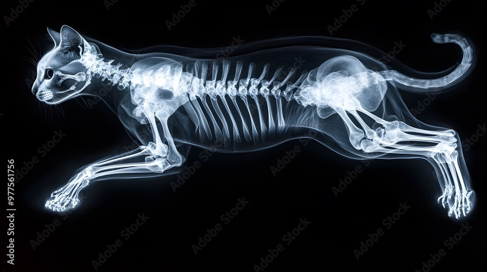 X-ray of a Cat in Mid-Leap: A detailed X-ray image of a cat mid-leap, showing the skeletal structure in motion against a dark background.
X-ray of a Cat in Mid-Leap: A detailed X-ray image of a cat mid-leap, showing the skeletal structure in motion against a dark background.