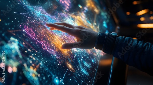 Futuristic Hand with Holographic Space Map: A hand interacting with a holographic map of the universe, with stars and constellations displayed. 