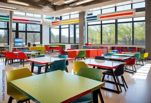 Wallpaper Mural dynamic study area showcasing variety learning tools including collaborative spaces enhanced education, books, computers, whiteboards, desks, chairs Torontodigital.ca