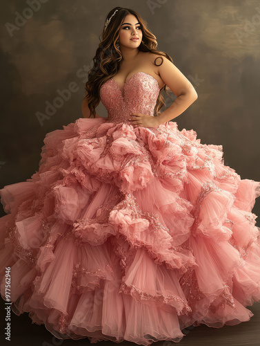 Plus-Size Latin American Girl in Stunning Pink Quinceañera Dress


