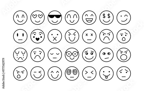 Doodle Faces Comic Set Editable Stroke. Funny Collection of Emoticon with Different Emotions. Vector Illustration of Emoji Icons Laughing, Sad, Angry, In Love.