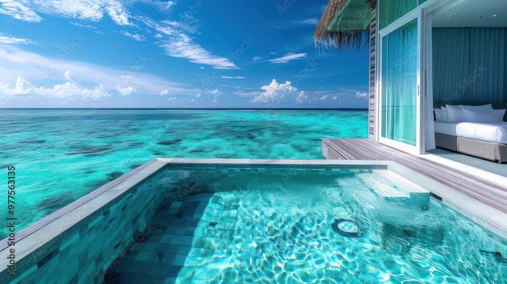 Fototapeta premium Luxury Pool Overlooking Turquoise Lagoon
