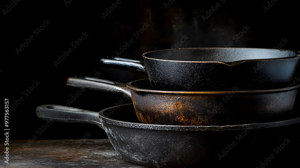 stack of cast iron skillets in various sizes, their surfaces well-worn and seasoned stack of cast iron skillets in various sizes, their surfaces well-worn and seasoned