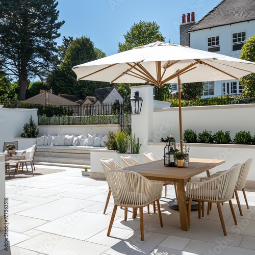 A generative stock for modern cottage garden furniture, outdoor decor, and country house patio terrace chairs and table with umbrella, a country style, country design.