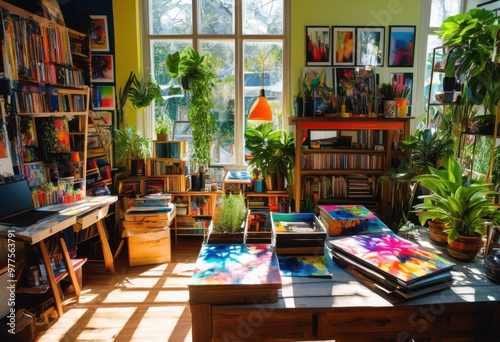 Wallpaper Mural vibrant creative workspace filled colorful shelves inspiring tools artistic expression, decor, furniture, lighting, ambiance, organization, storage, design Torontodigital.ca