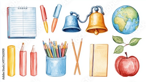 A set of watercolor illustrations featuring colorful stationery, a globe, and a bell, symbolizing the start of a new school year, arranged against a clean white backdrop.