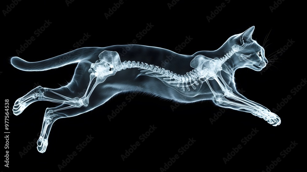 X-ray of a Cat in Mid-Leap: A detailed X-ray image of a cat mid-leap, showing the skeletal structure in motion against a dark background.
X-ray of a Cat in Mid-Leap: A detailed X-ray image of a cat mid-leap, showing the skeletal structure in motion against a dark background.