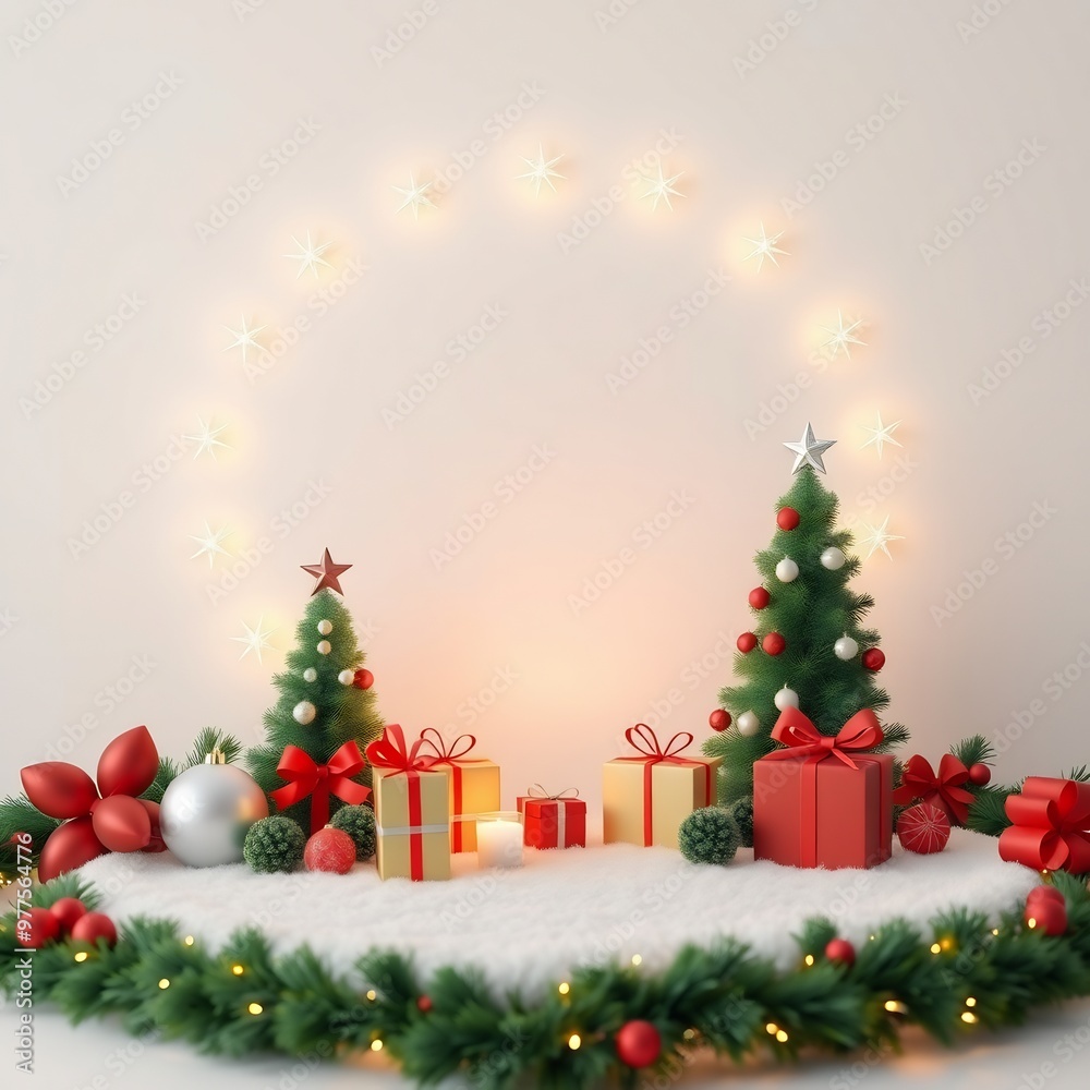 Festive Christmas scene with two small Christmas trees, red and gold gift boxes, ornaments, a candle and a garland of evergreen branches with lights on a snowy surface against a white background. Festive Christmas scene with two small Christmas trees, red and gold gift boxes, ornaments, a candle and a garland of evergreen branches with lights on a snowy surface against a white background.