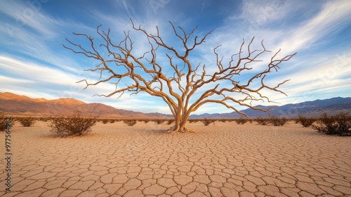 A barren desert landscape morphing into the branches of a towering tree