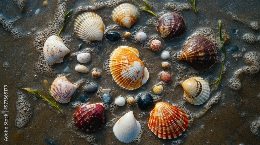 A top view of a variety of sea shells arranged in a circle on wet sand, with small pebbles and seaweed accents. A top view of a variety of sea shells arranged in a circle on wet sand, with small pebbles and seaweed accents.