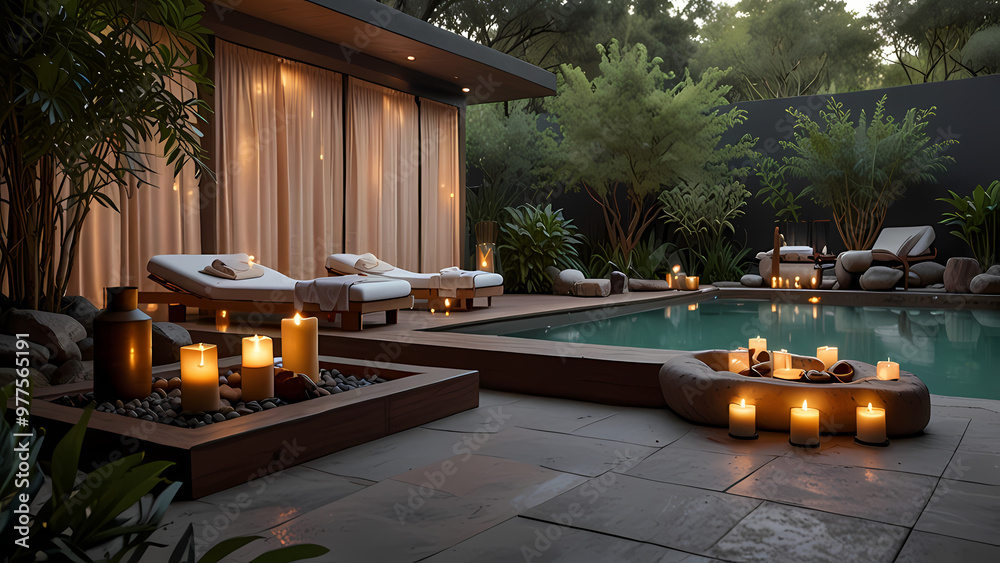 Fototapeta premium Peaceful beauty spa retreat nestled in nature, with soft pastel colors, flowing water, and lush greenery surrounding a minimalist outdoor spa area