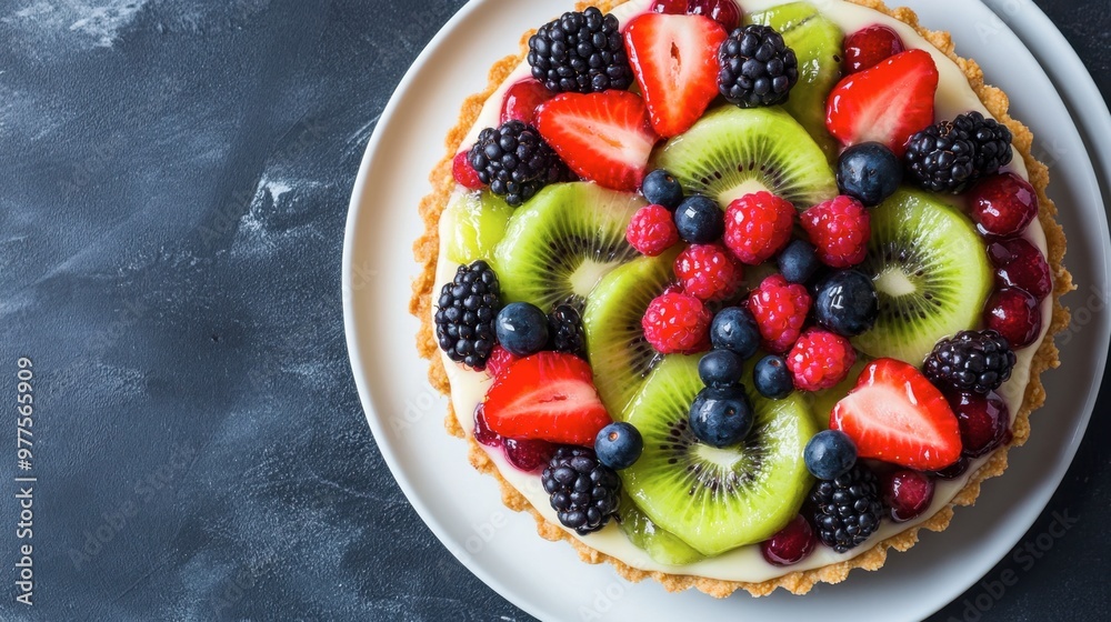A top view of a vibrant fruit tart topped with a variety of fresh berries, kiwi slices, and a glaze, on a white plate. A top view of a vibrant fruit tart topped with a variety of fresh berries, kiwi slices, and a glaze, on a white plate.