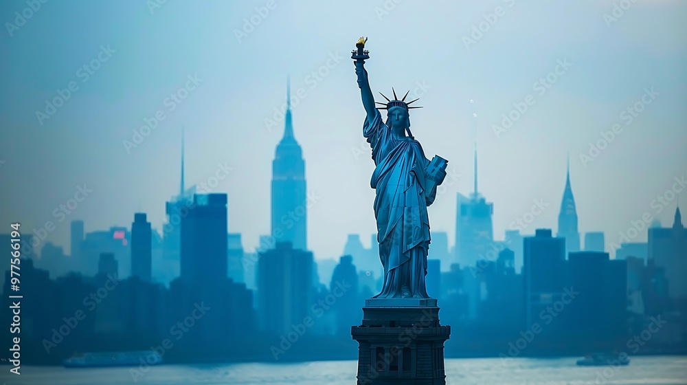 Obraz premium Taking a ferry to the Statue of Liberty, New York, USA, offers a close-up view of this iconic symbol of freedom, standing tall in New York Harbor. The journey provides stunning views of the 