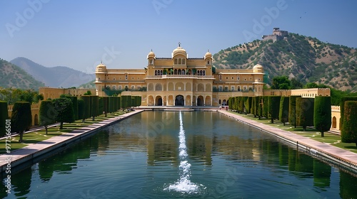 Exploring the Amber Fort, Jaipur, India, takes you through a majestic hilltop palace overlooking the Maota Lake, with stunning views of the surrounding landscape. The fort's intricate carvings,  photo