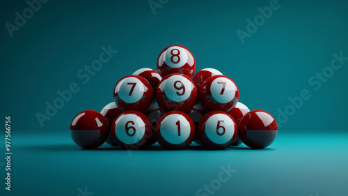 Stack of Red billard pool balls on blue background