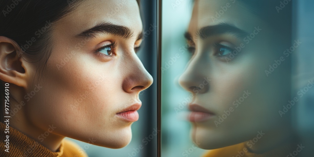 A close-up portrait of a young woman gazing thoughtfully out a window, capturing a moment of reflection and introspection. A close-up portrait of a young woman gazing thoughtfully out a window, capturing a moment of reflection and introspection.