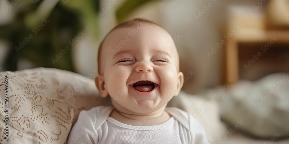 A joyful baby laughing happily, showcasing pure innocence and delight in a warm, cozy environment. A joyful baby laughing happily, showcasing pure innocence and delight in a warm, cozy environment.