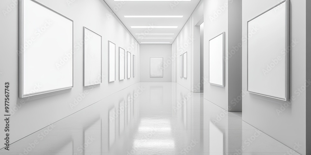 A modern art gallery with empty frames waiting for artwork, reflecting bright lights and minimalist design. A modern art gallery with empty frames waiting for artwork, reflecting bright lights and minimalist design.