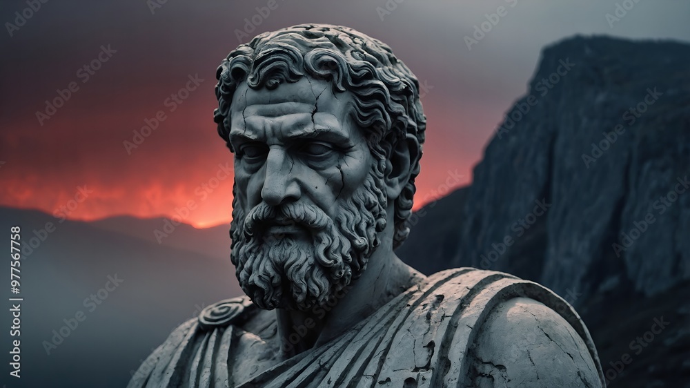 Stoic Greek man in grey stone, its surface deeply cracked from the relentless passage of time Stoic Greek man in grey stone, its surface deeply cracked from the relentless passage of time