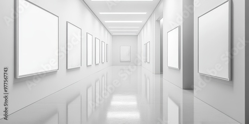 A modern art gallery with empty frames waiting for artwork, reflecting bright lights and minimalist design.