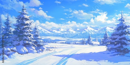  Enchanting Winter Landscape: Animated Evergreen Trees Along Snow-Covered Mountain Path. Ideal Marketing Campaign Backdrop for Cultural Events, Bestseller Promotions, and Season-End Sales. Vibrant 4K 