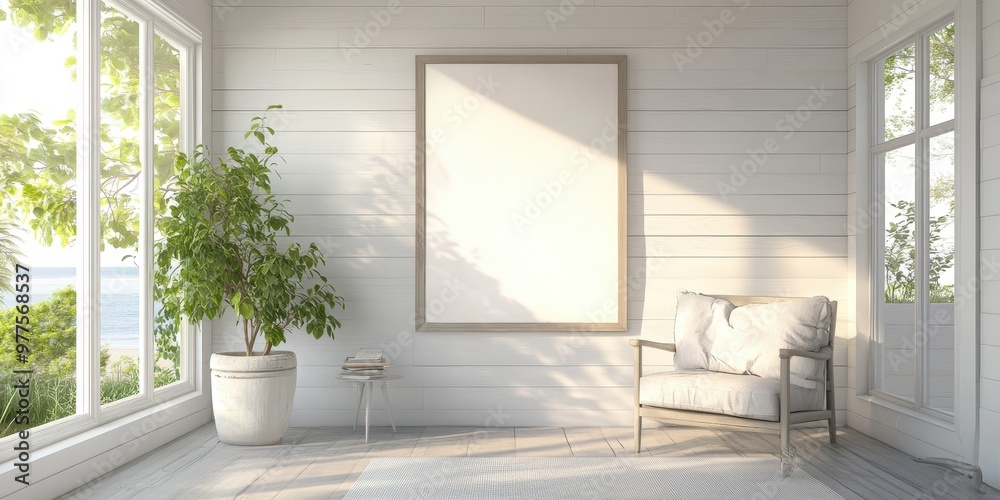 Fototapeta premium Bright and airy interior featuring a cozy chair, potted plant, and a blank canvas, ideal for art or relaxation.