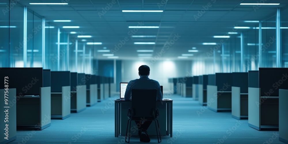Businessman Working Late Surrounded by Empty Cubicles Businessman Working Late Surrounded by Empty Cubicles