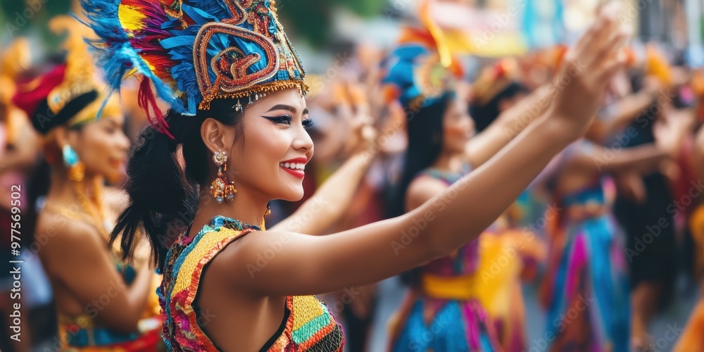 Vibrant celebration featuring a dancer with colorful attire, showcasing cultural artistry and joyful expression at a festive event.