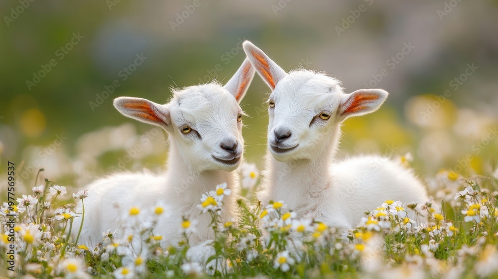 Two baby goats are laying in a field of flowers, AI Two baby goats are laying in a field of flowers, AI