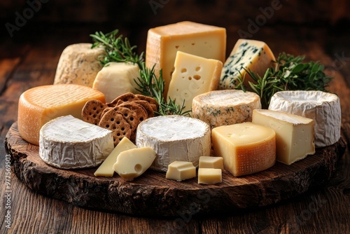 Assortment of cheese on wooden table, closeup. Dairy products. Cheese Selection. Large assortment of international cheese specialities. 