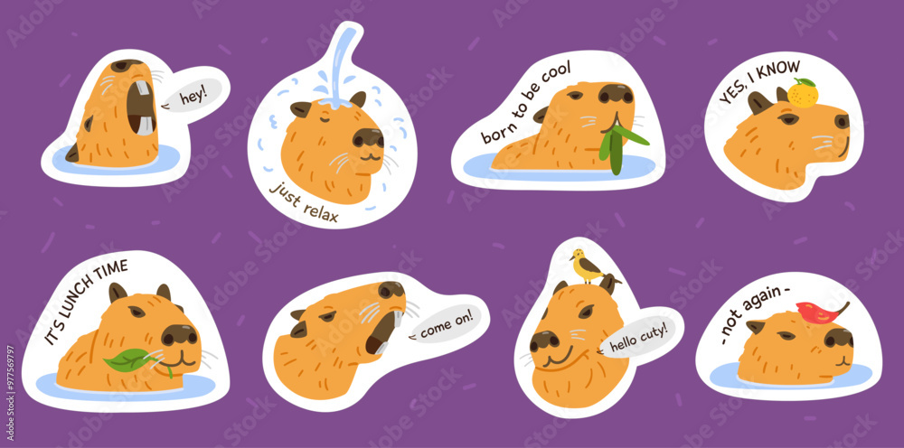 Capybaras heads with different emotions and phrases funny stickers vector set. Capybaras heads with different emotions and phrases funny stickers vector set.