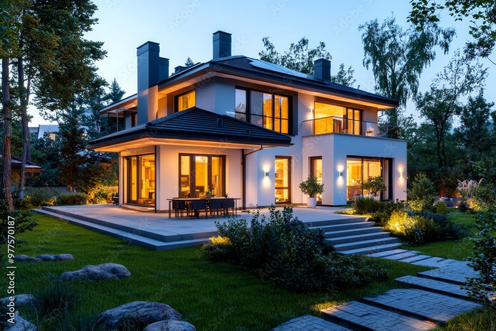 Exterior view of luxurious modern house with dining space and garden Exterior view of luxurious modern house with dining space and garden