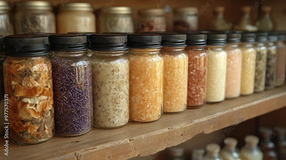 A row of glass jars with different colored salts. A row of glass jars with different colored salts.