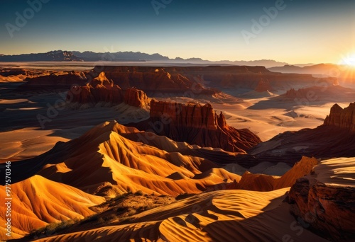 vibrant desert landscape featuring dramatic rich earth tones under clear blue sky, arid, dunes, rock, sunlight, scenery, formations, shadows, textures, color photo