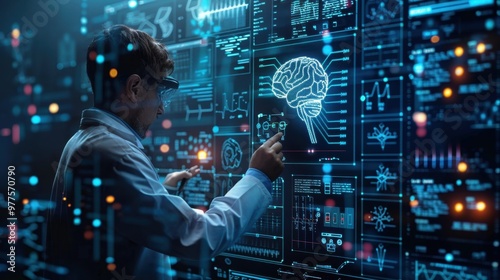 A neuroscientist works on a monitor with an image of the human brain and nervous system in a futuristic laboratory