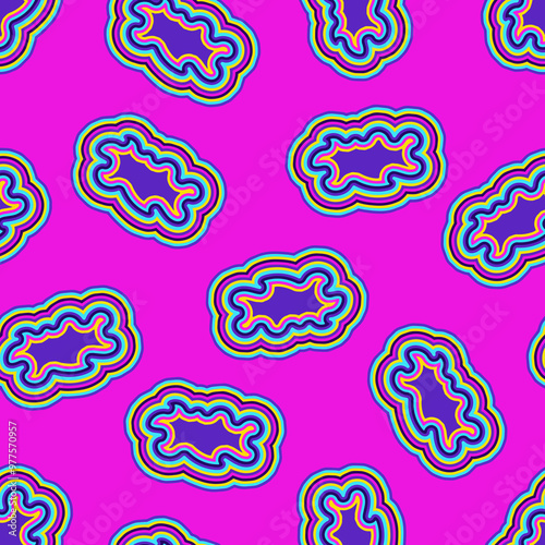 Colorful groovy hippie pattern with geometric shapes on pink background