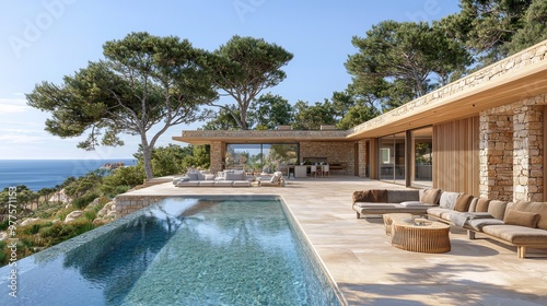 With large windows and outdoor spaces, this composition showcases a modern coastal house, background image, stock photo